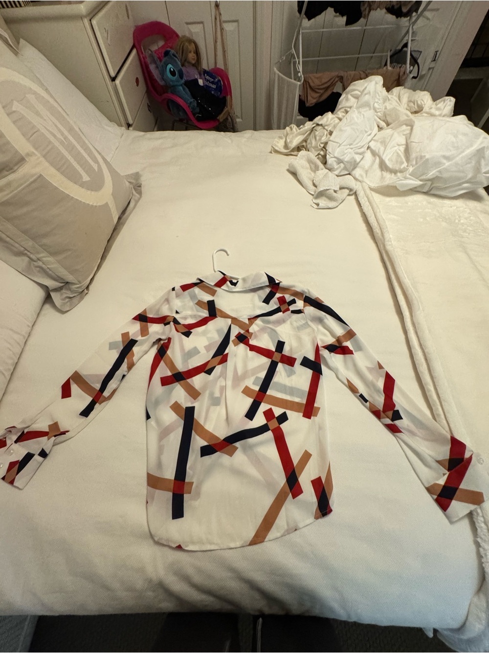 Lulu's White Geometric Print Blouse with Red, Navy & Tan Accents - Picture 5 of 6